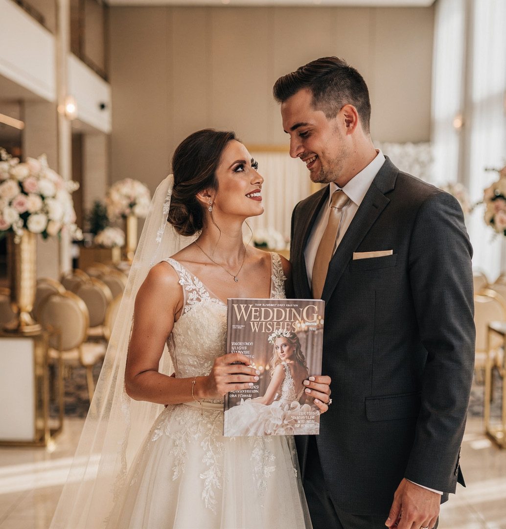 A bride and groom holding Wedding Wishes Magazine